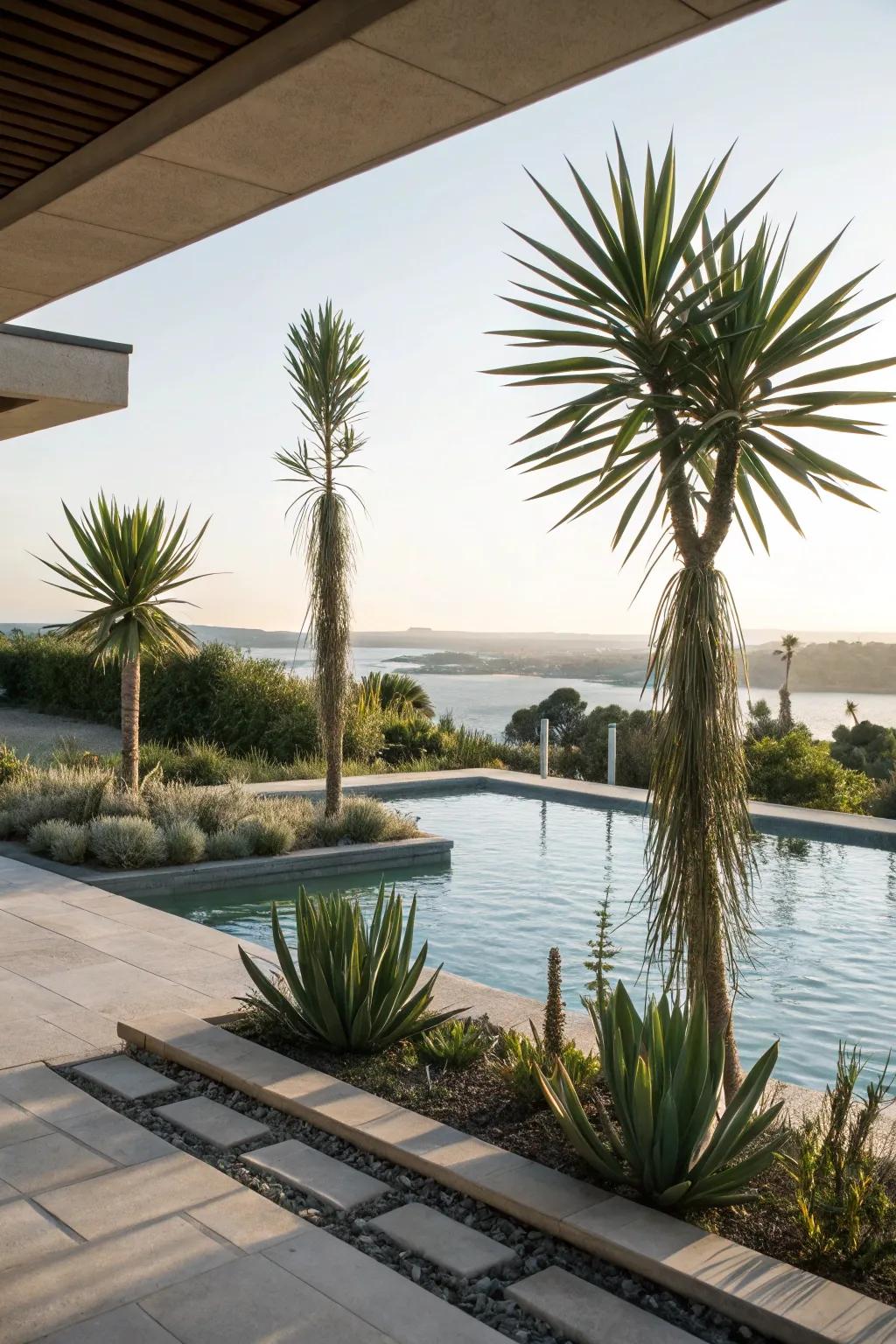 Yucca plants add a dramatic architectural flourish.