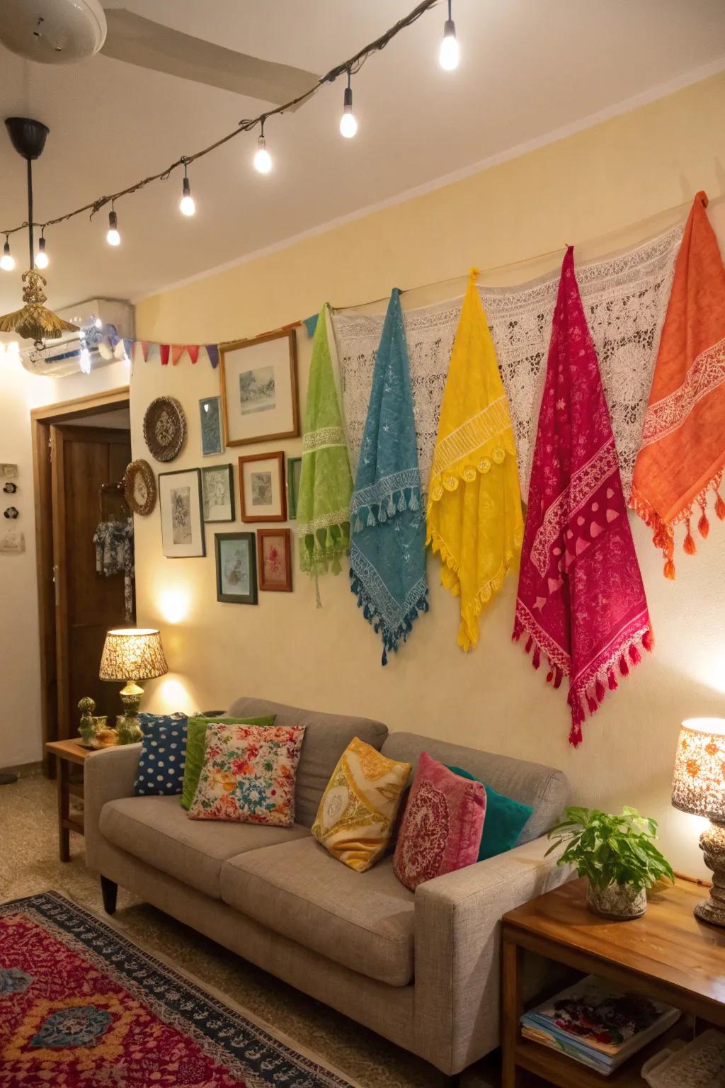 Brighten your walls with colorful tablecloth hangings.