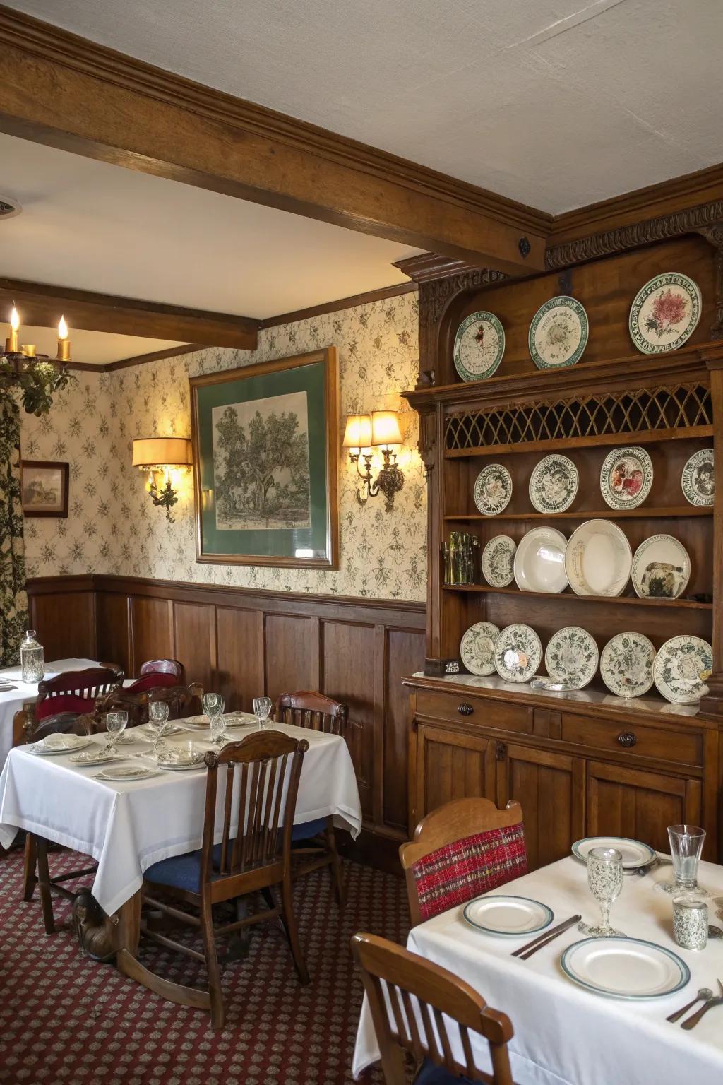 A vintage-inspired dining zone showcasing an alluring plate rail