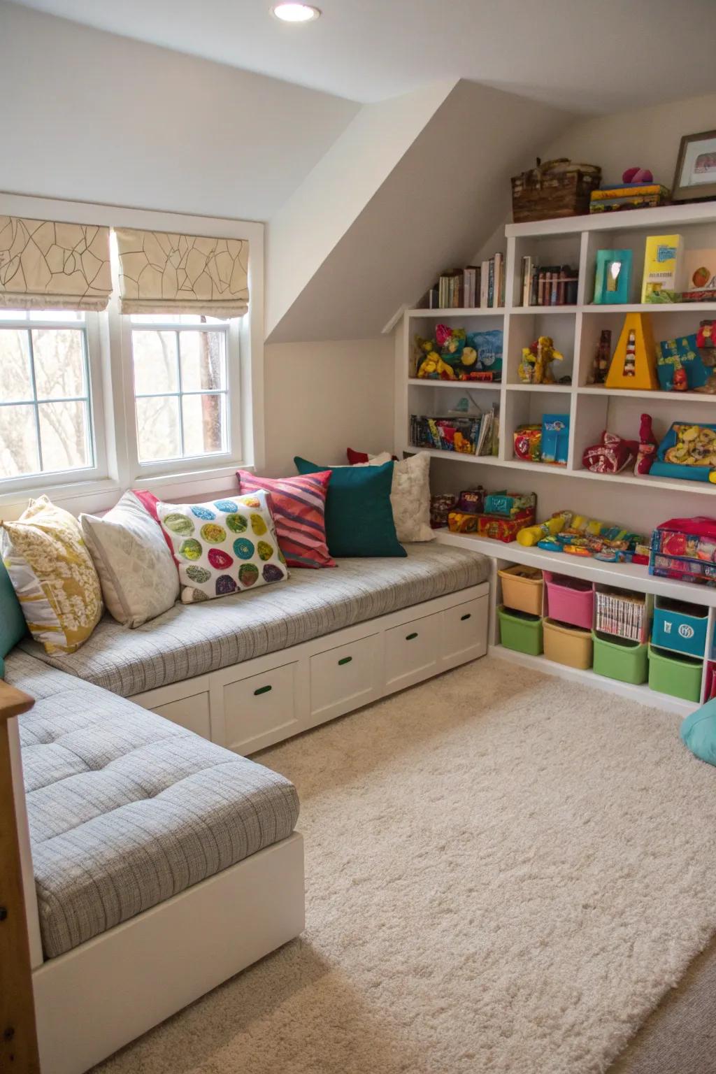 A well-utilized corner within the playroom showcasing an L-shaped seating arrangement.