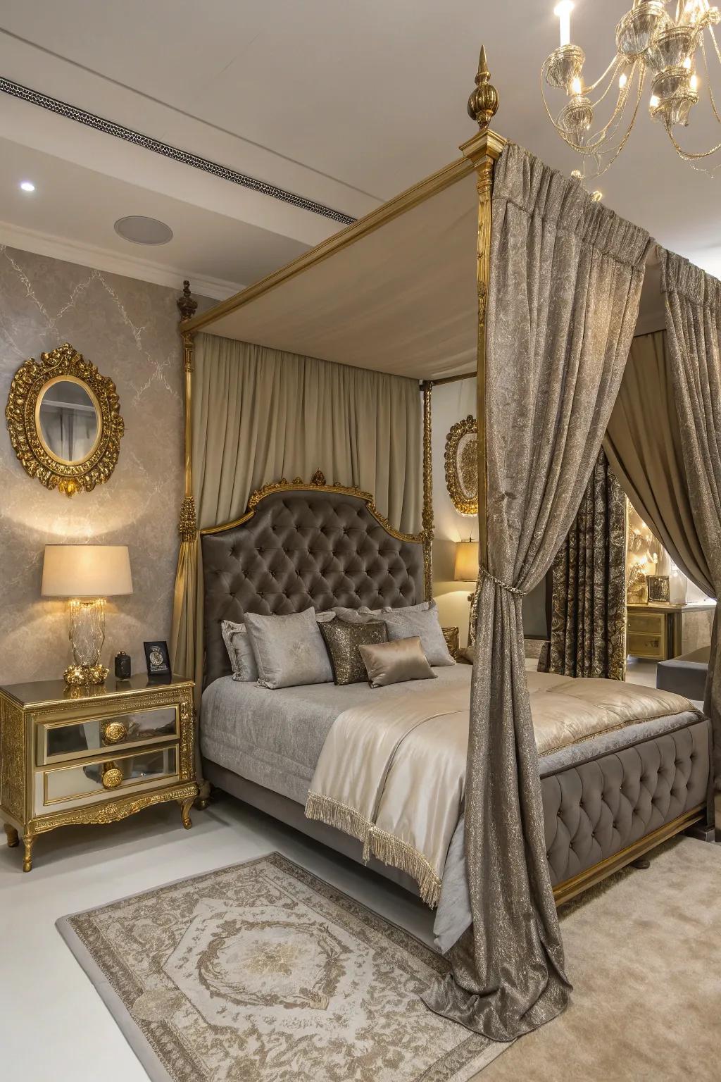 Glamour touches enhance a bedroom.