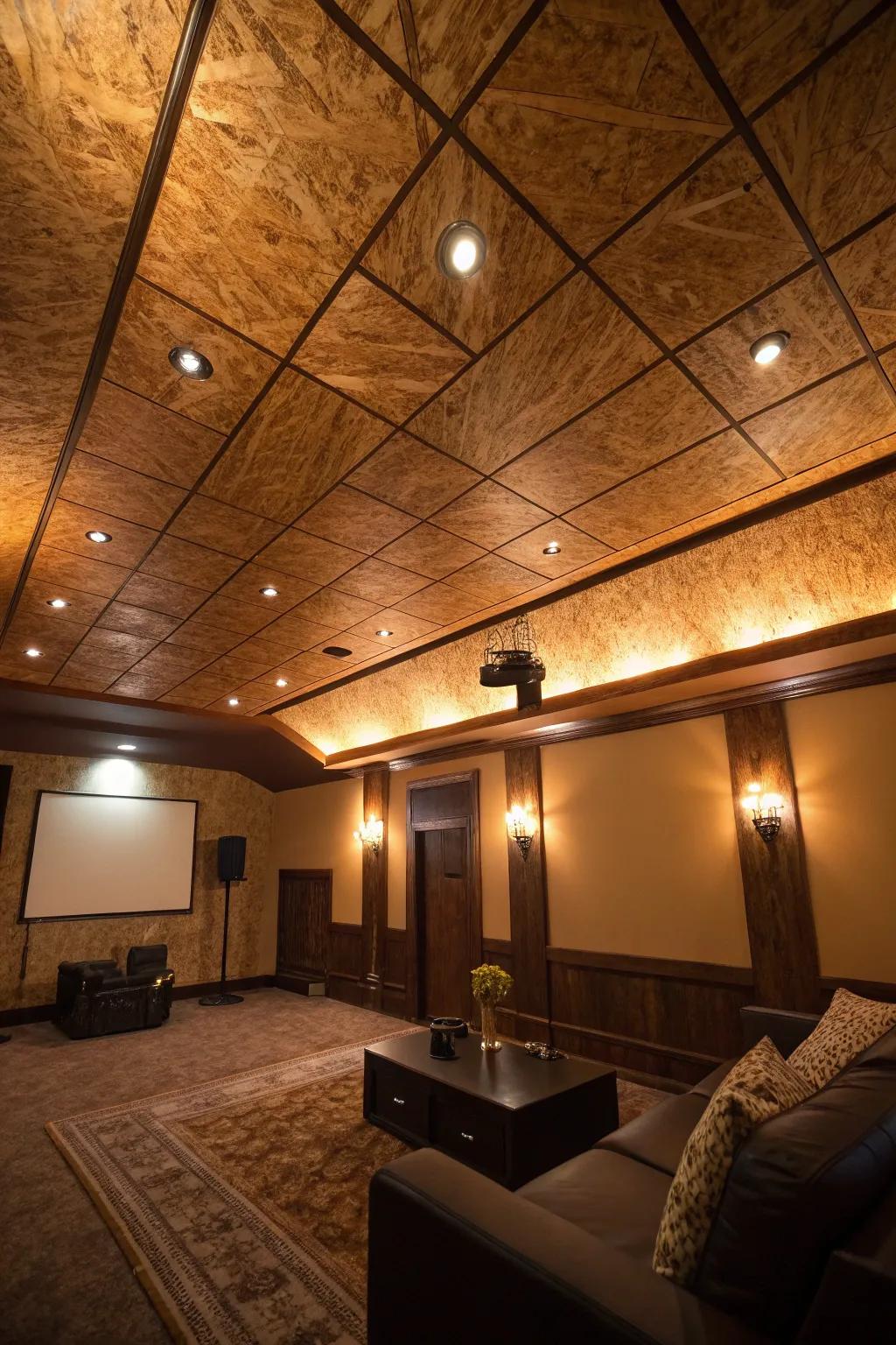 A room where accent lighting transforms a plywood roof into an enchanting feature.