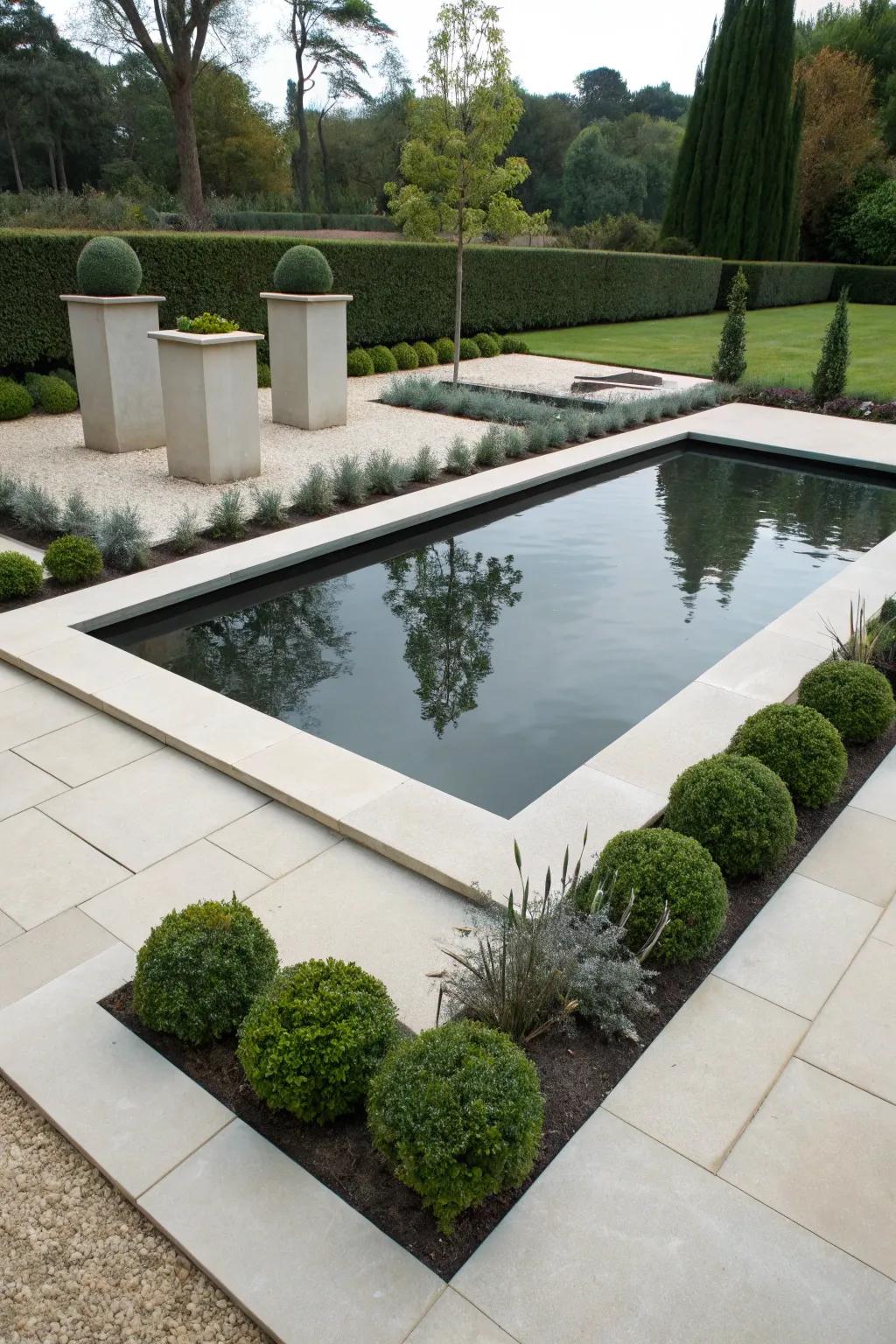 A minimalist geometrical pond delivers a polished and modern garden focal point.