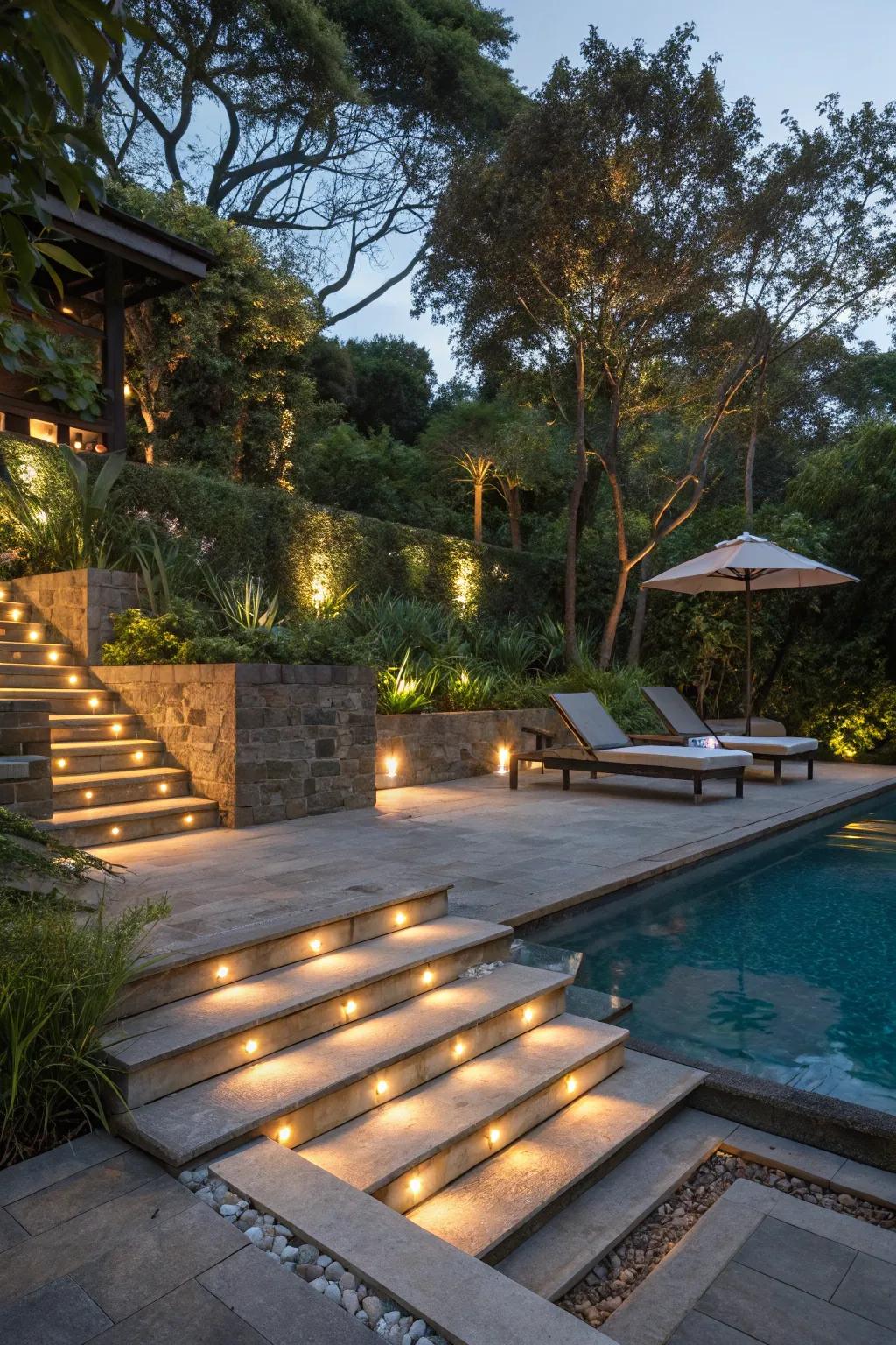 Hidden stair tread lighting enhances safety and aesthetics.