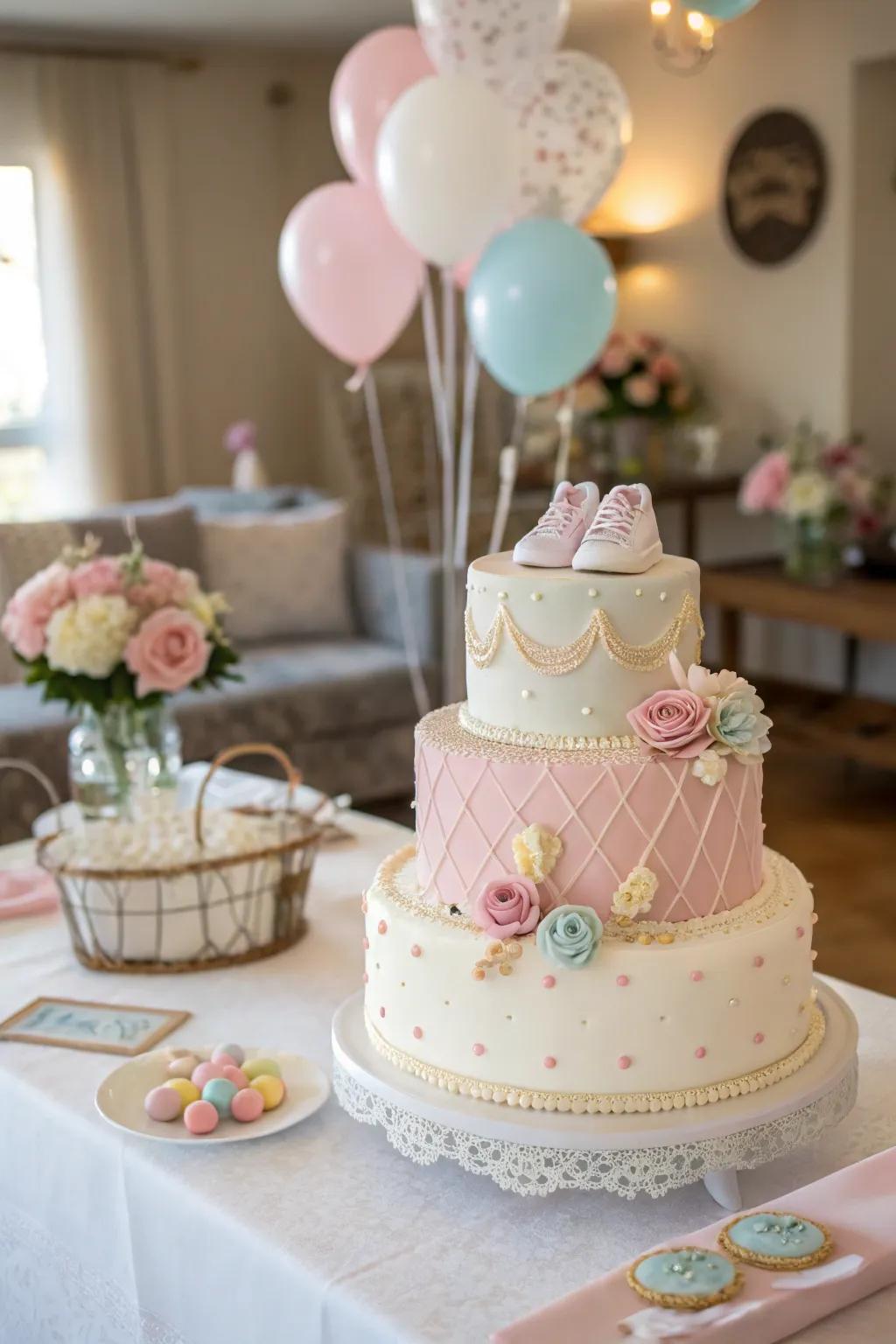 A bespoke baby shower confection that acts as both a centerpiece and a treat.