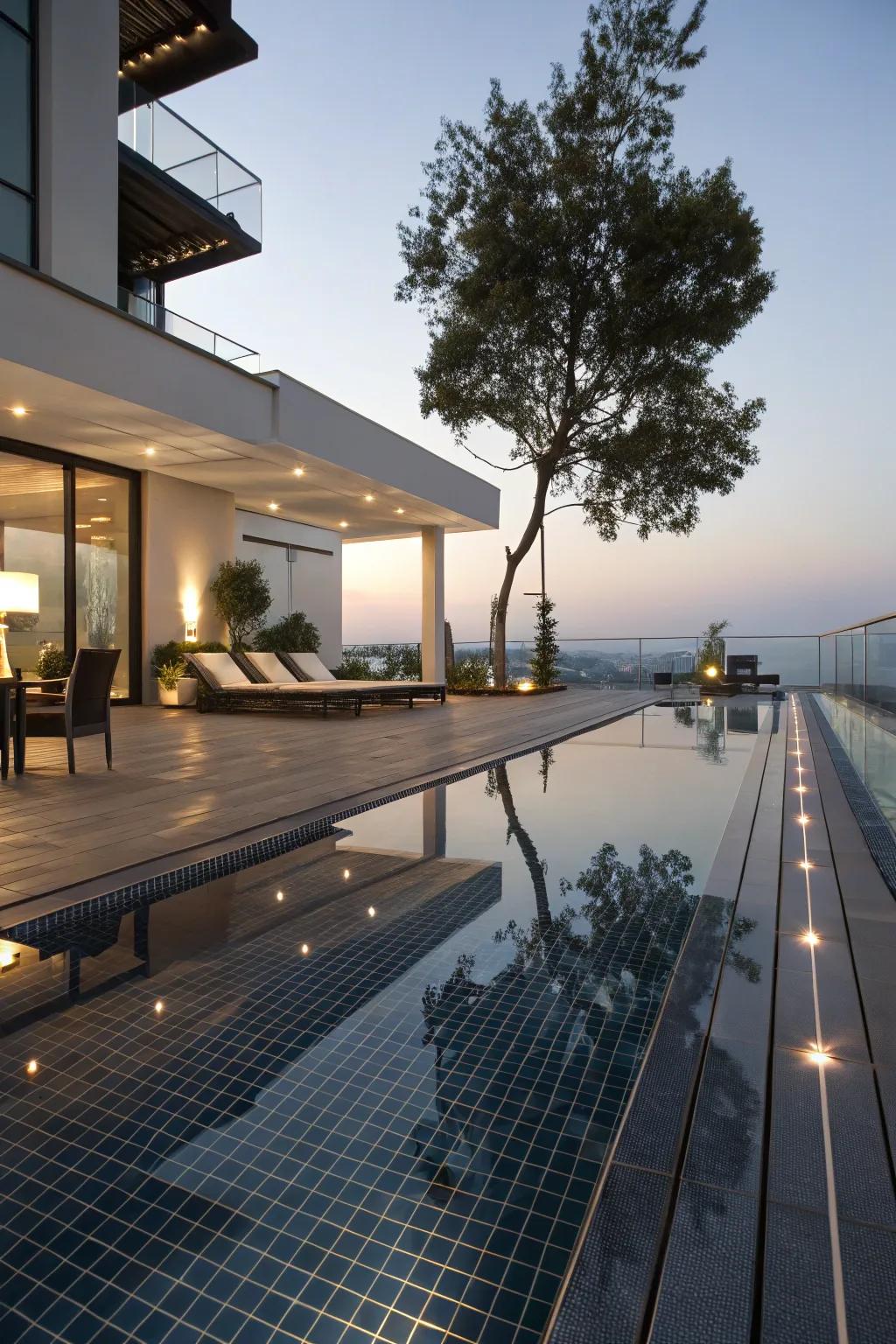 Reflective surfaces create visual depth.