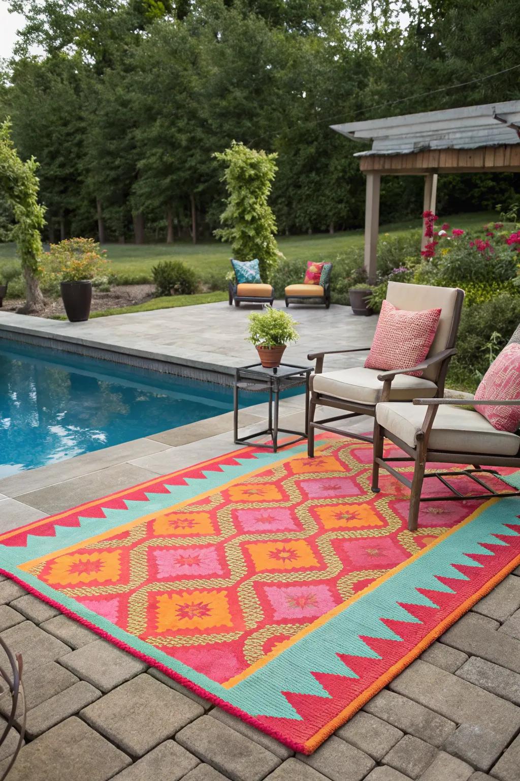 Colorful outdoor textiles add personality and define spaces on your pool deck.