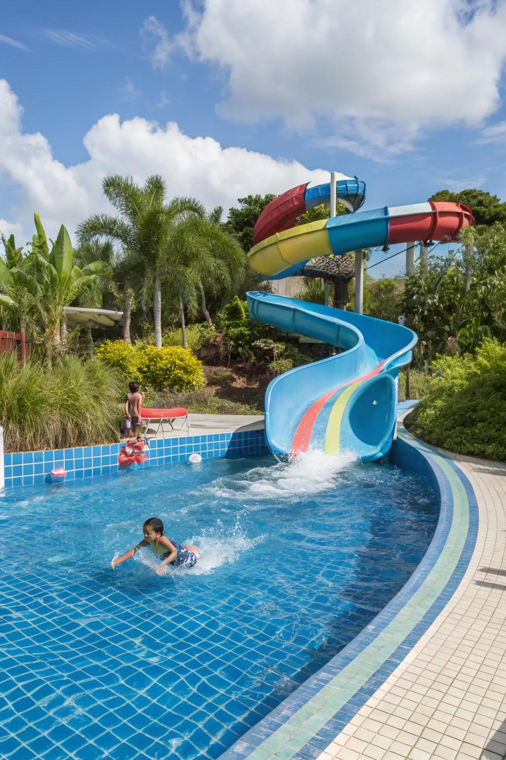 Liquid chutes add excitement and fun to poolside activities.
