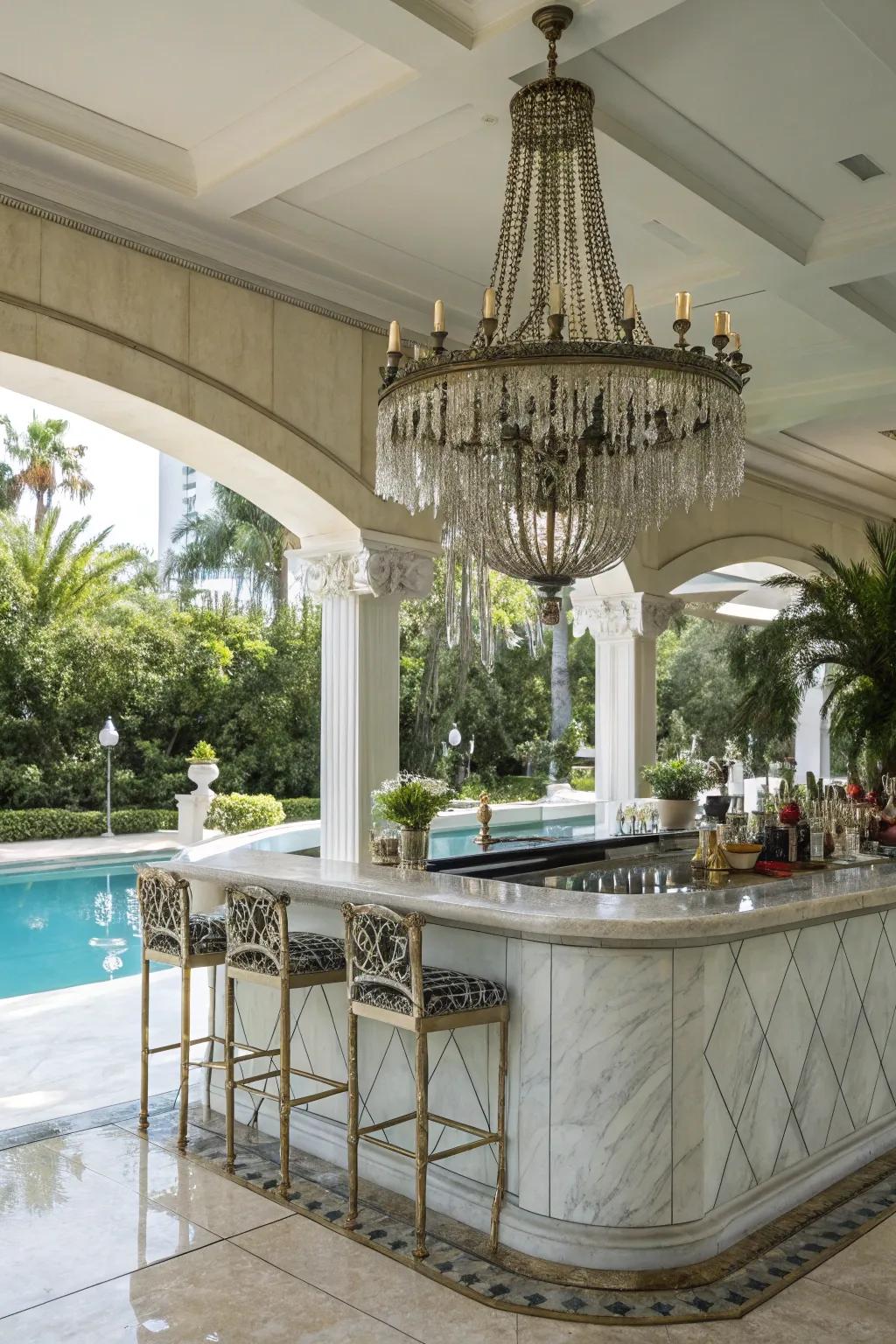 A stone wet bar with a candelabra appends elegance to your exterior space.