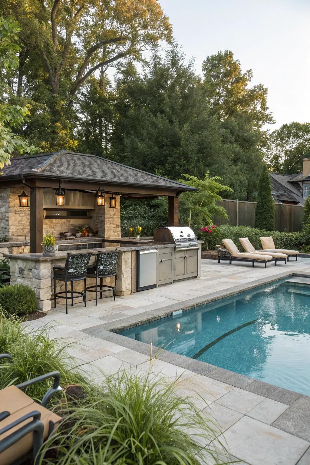 A functional and stylish poolside galley.