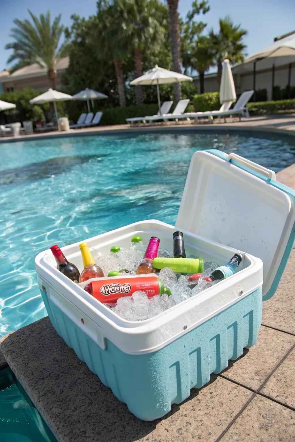 A floating cooler maintains refreshments prepared while you swim.