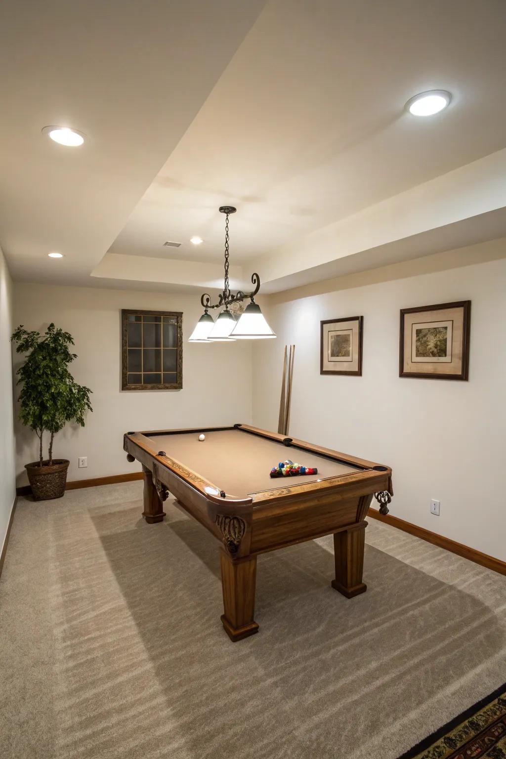 Essentialist decor ensures a clean and elegant look in a small pool table room.