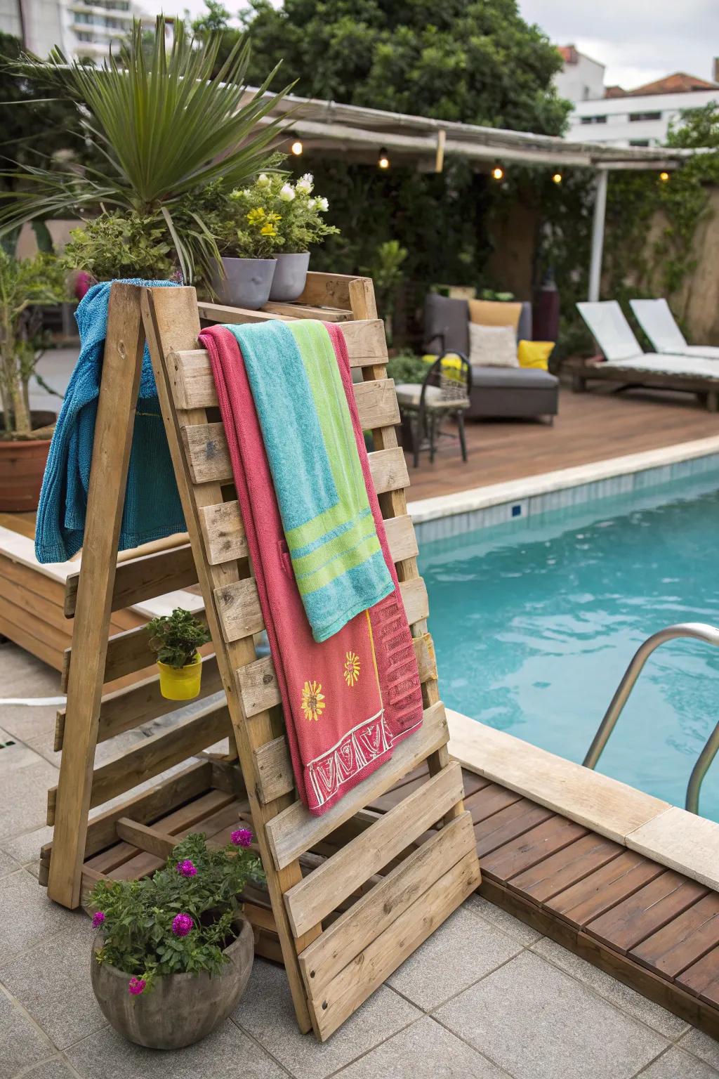 Homespun DIY pallet frame for creative towel storage.
