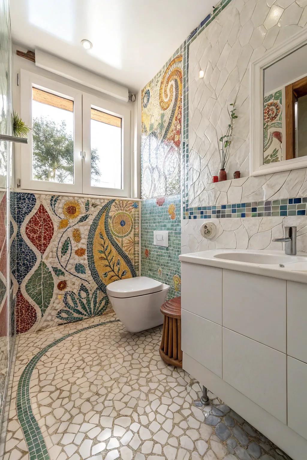 Mosaic squares infuse a hint of artistry and inventiveness into this vibrant washroom space.