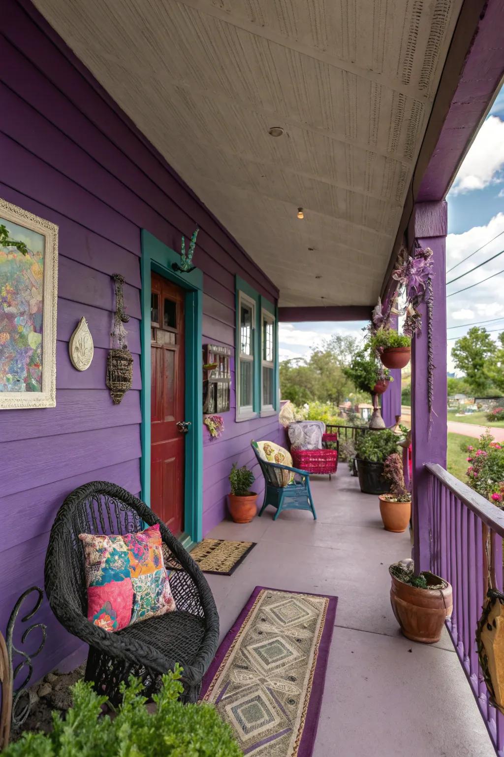A daring violet porch that exudes ingenuity and elegance.
