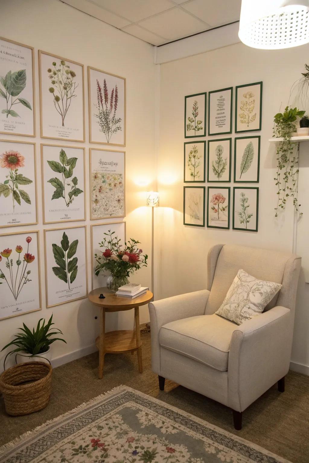 A soothing interior adorned with exquisite botanical posters.