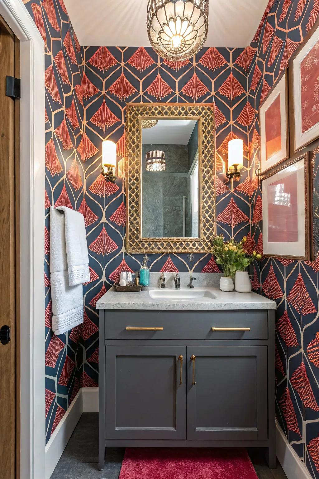 Unique color blends construct a lively and memorable guest bathroom.