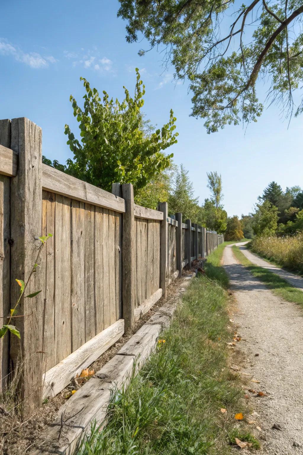 Reclaimed wood fashioning a character-rich and eco-friendly property boundary.