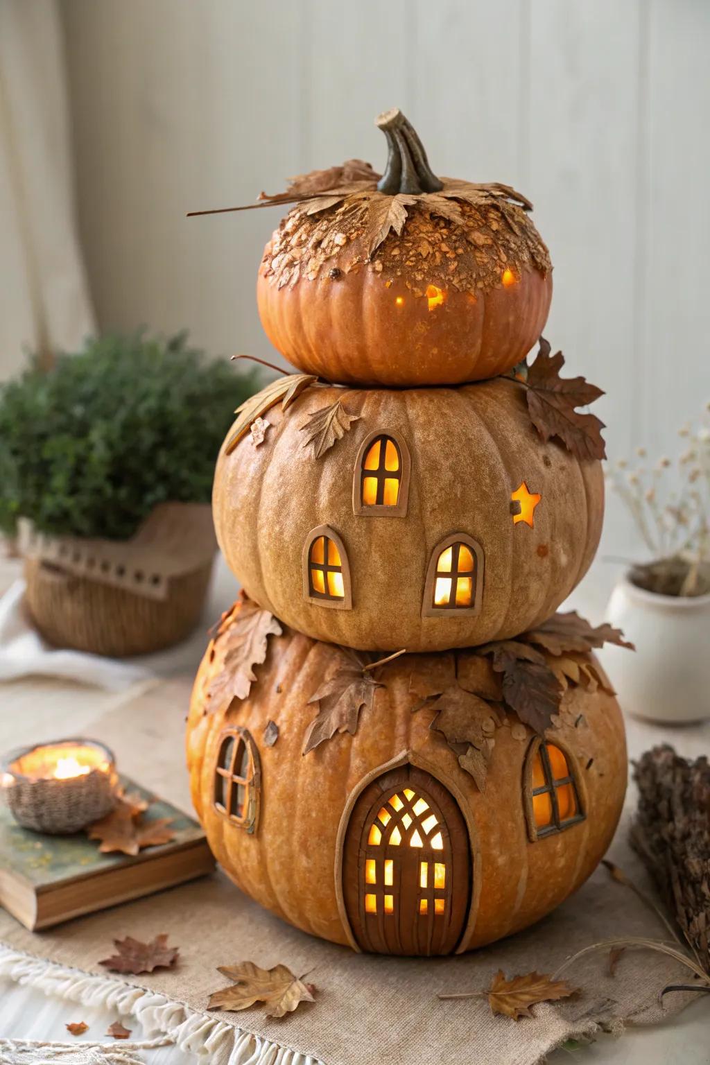 Embrace the enchantment of autumn with this charming two-story gourd pixie residence, a quintessential fusion of minimalist elegance and bohemian capriciousness. 🍂🏡✨