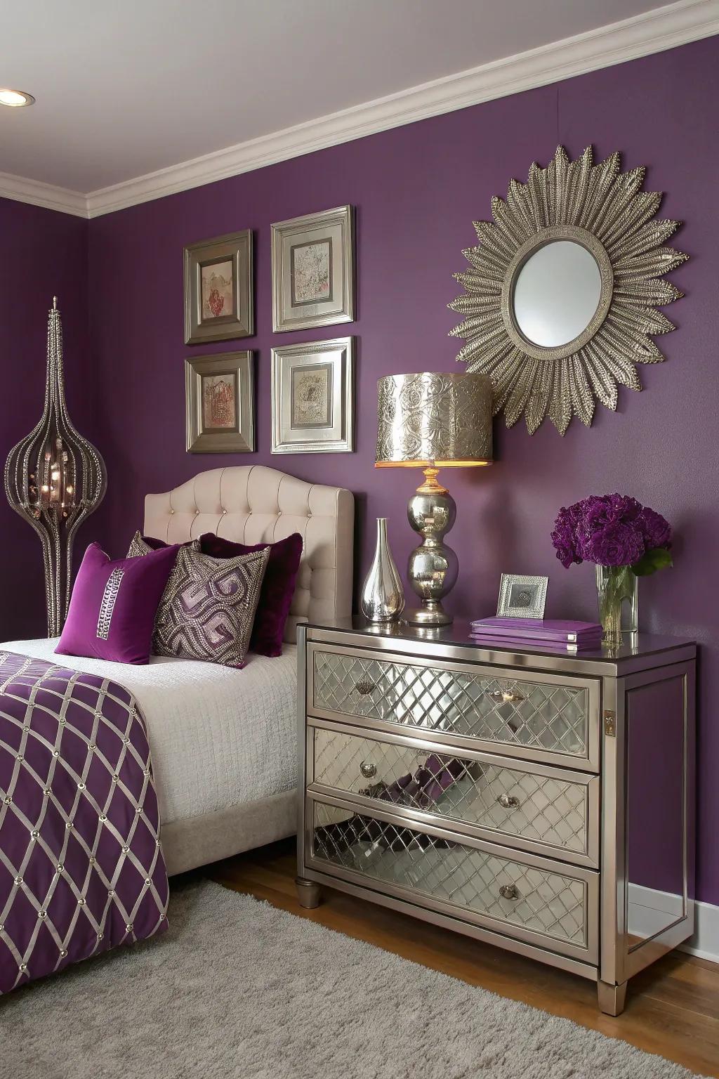Sophisticated metallics add glamor to purple walls.