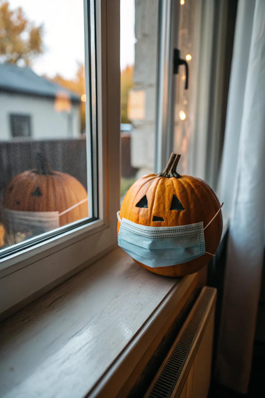 Pumpkin adorned with operative mask for a timely decor