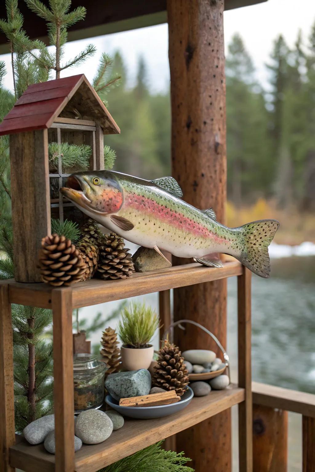 Outdoor-inspired shelving, featuring a rainbow trout mount, creates a nature-themed decor that blends the natural world with interior design.