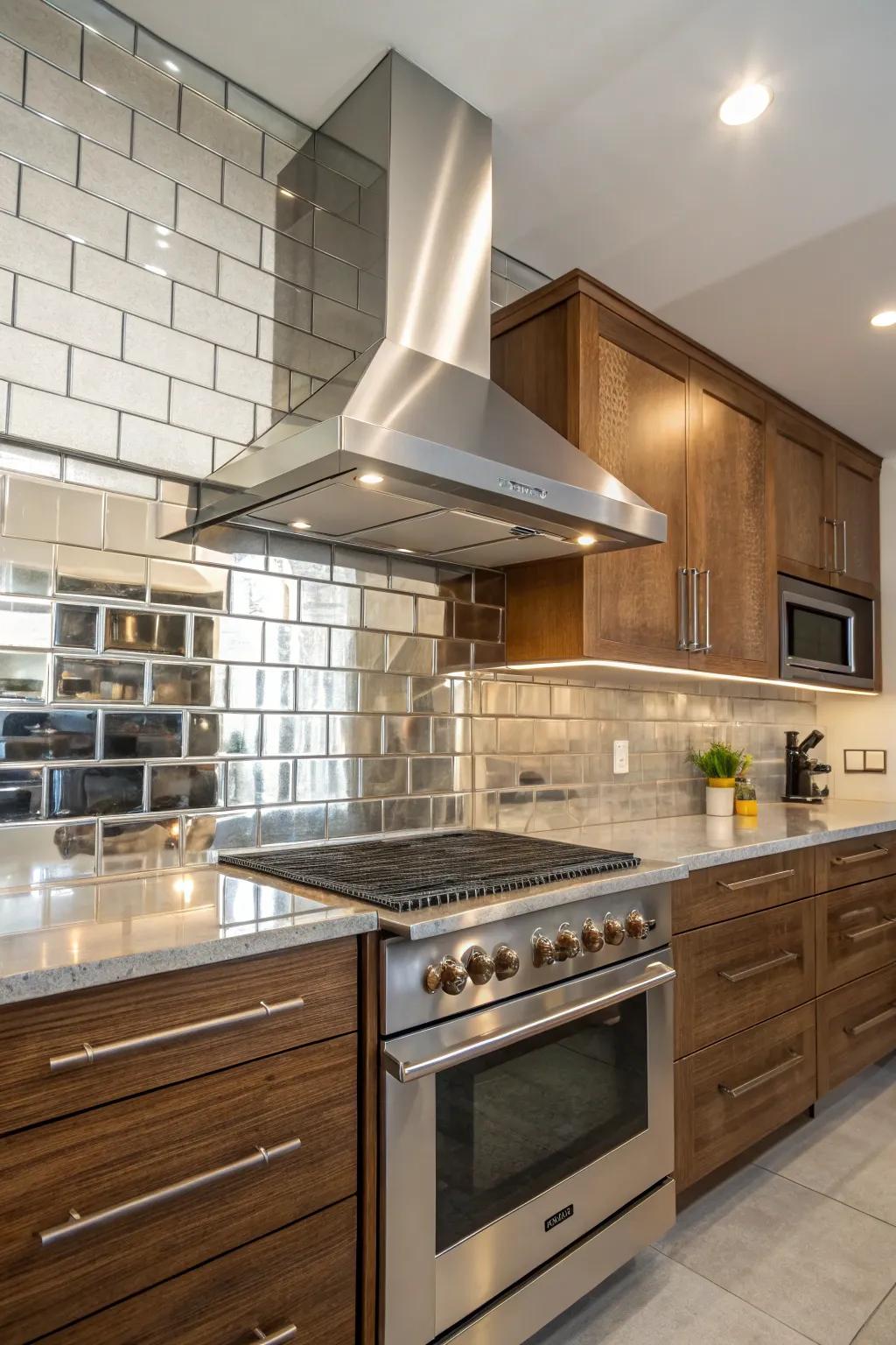 Kitchen design with mirrored tile backsplash amplifying light enhanced by a streamlined metallic vent hood.