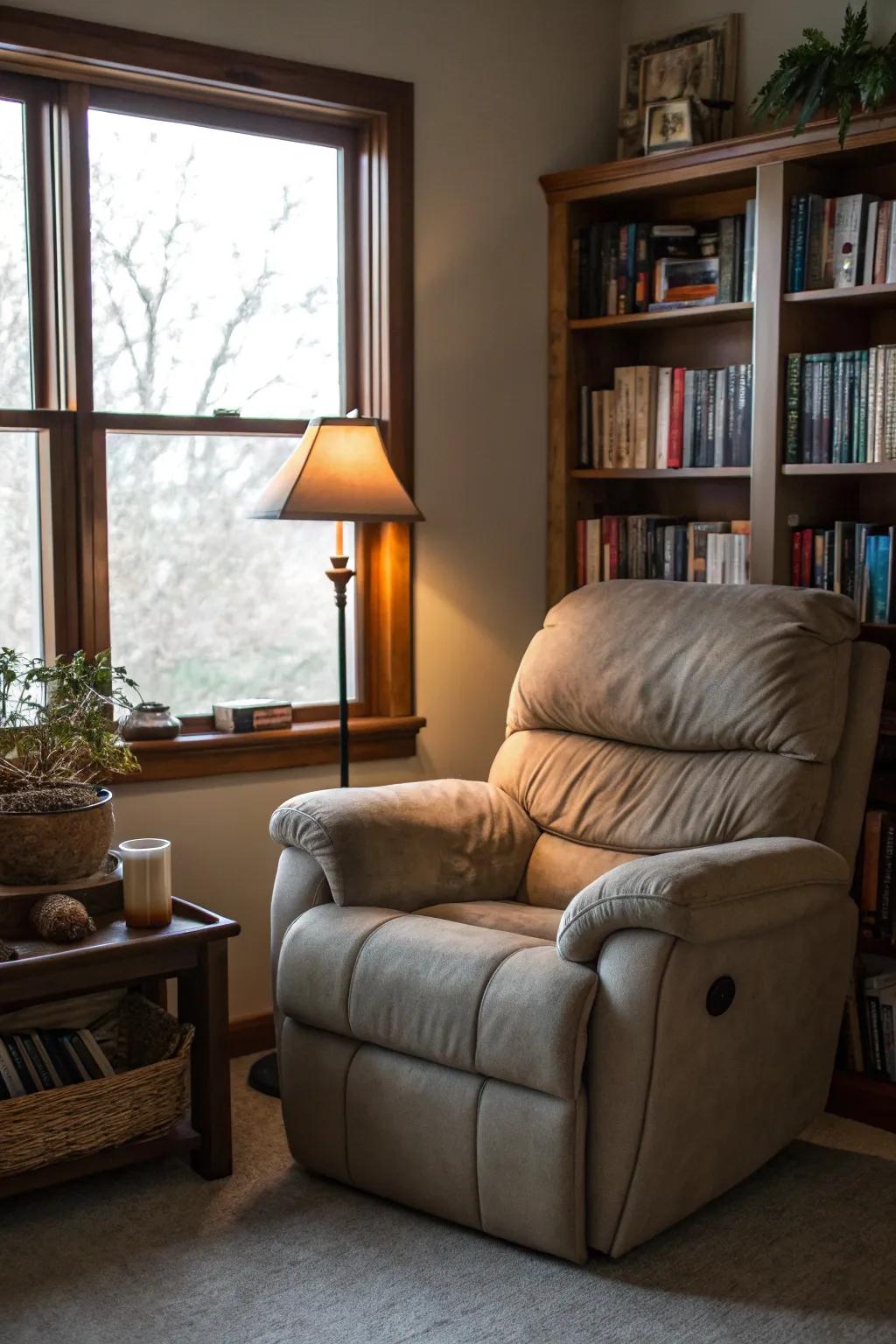 A comfortable reading nook with a reclining sofa and a well-stocked bookcase.