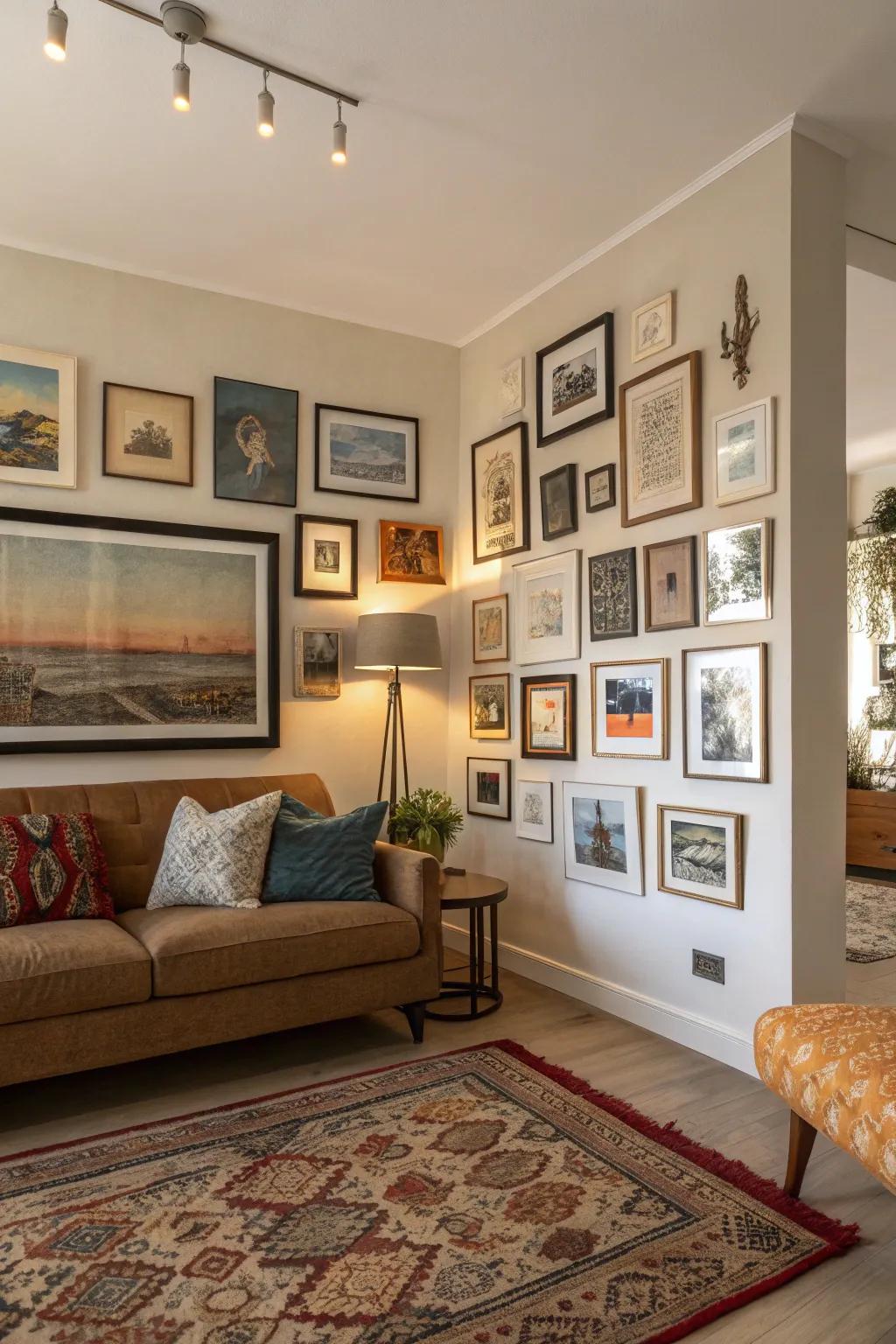 Gallery walls personalize and enrich the space.
