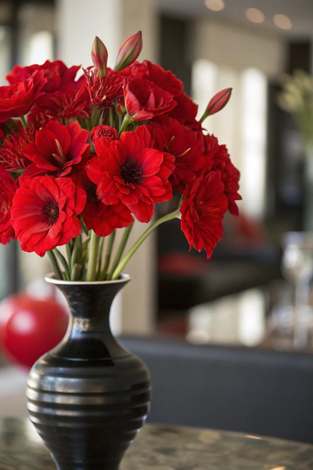 Oversized scarlet blooms seated inside a dark receptacle structured to form a striking and exquisite declaration.