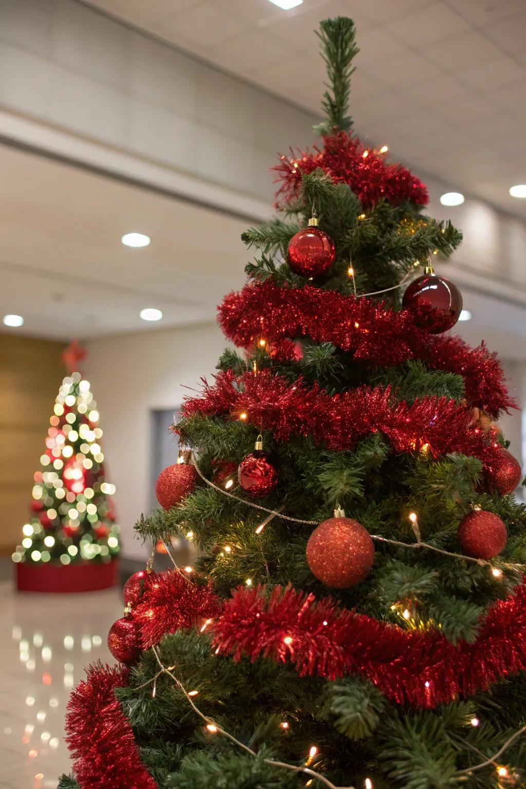 Dazzling Christmas tree featuring scarlet tinsel and sparkle