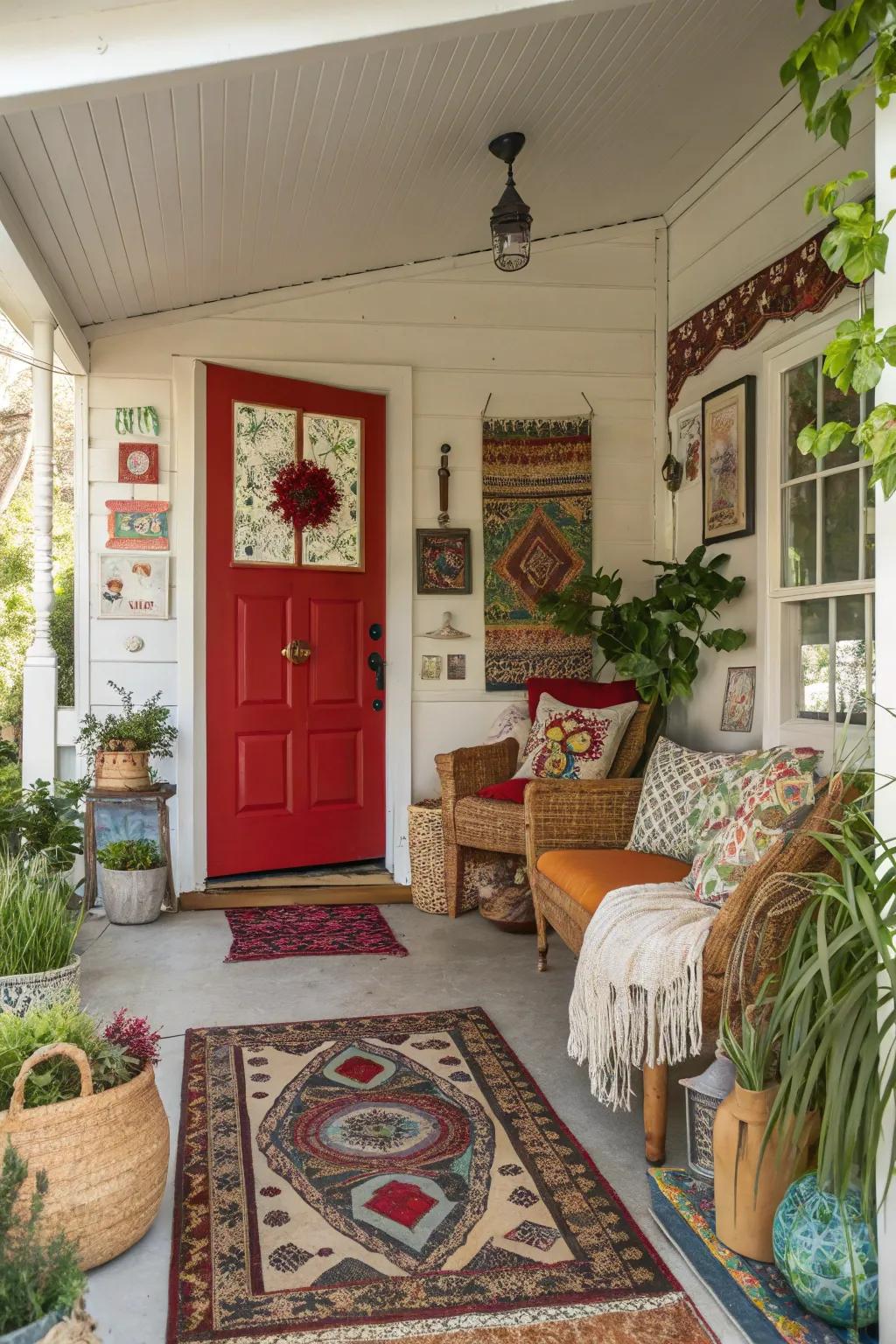 Bohemian home featuring a red entrance, full of artistic charm.