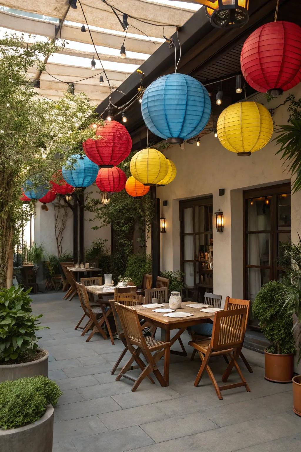 Fiber lanterns add a festive and colorful detail to patios.