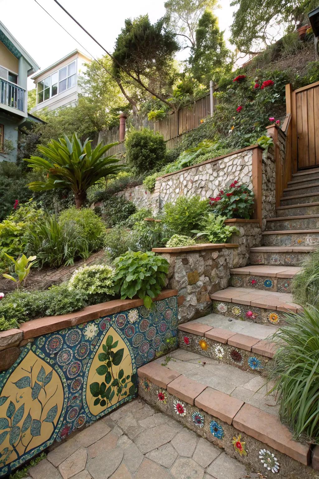 Retaining structures are transformed into vibrant artworks by mosaic walls.