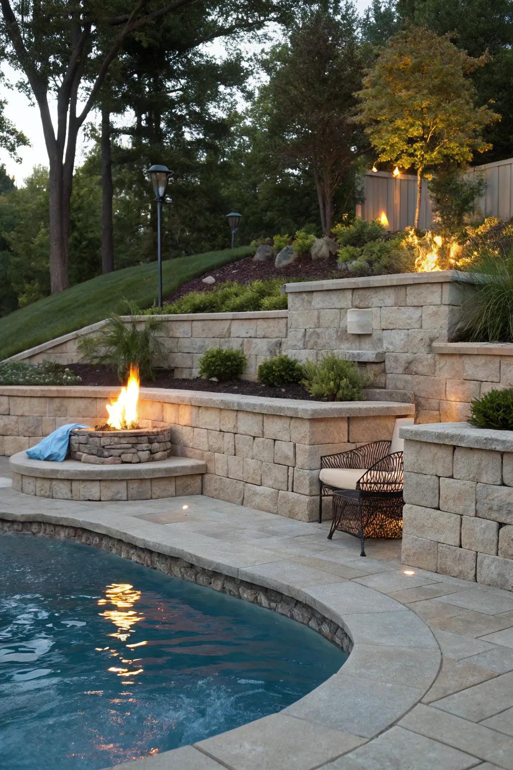 Retaining wall with a cozy fire pit for evening warmth.