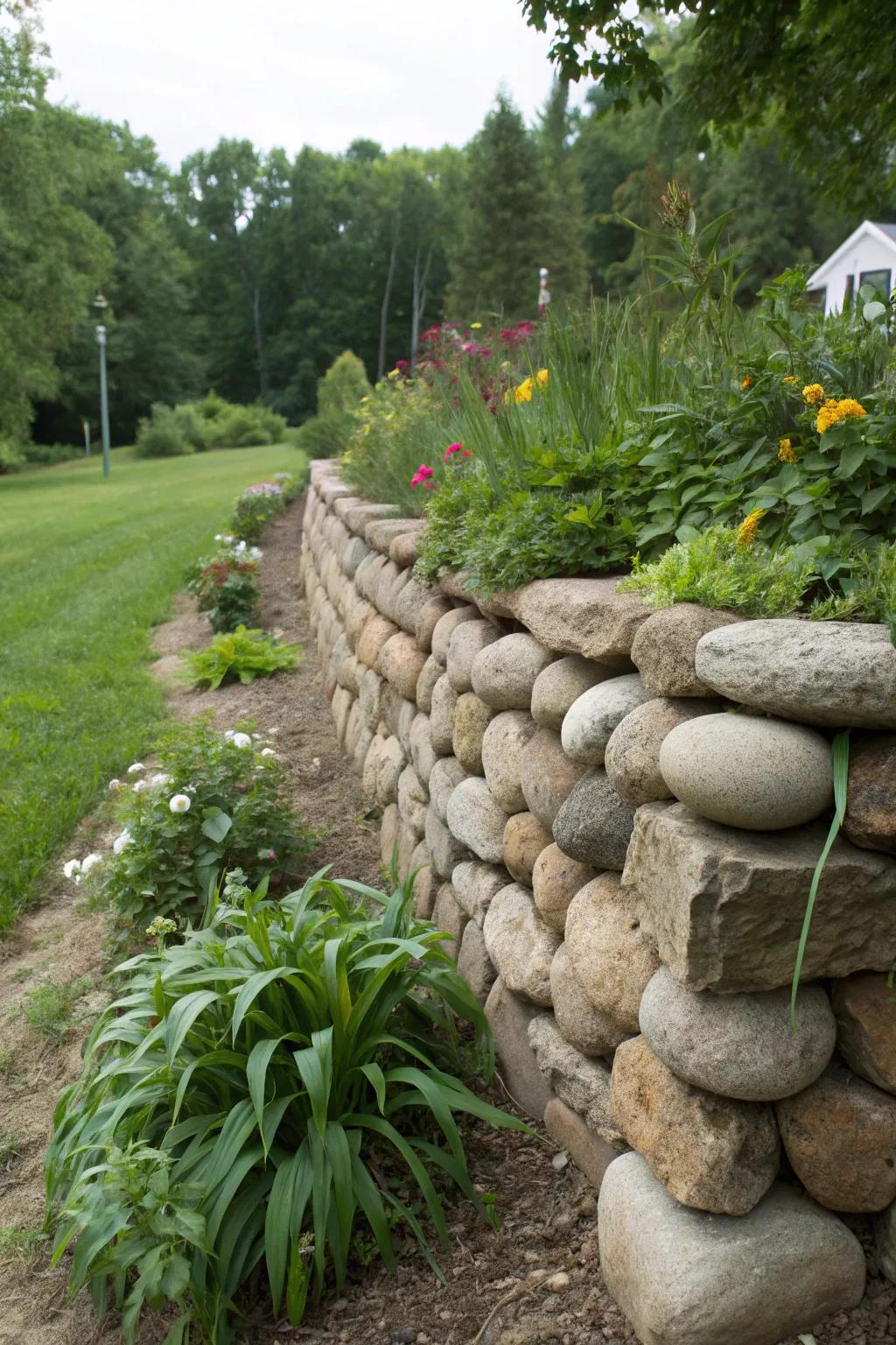 A shoreline stone barrage mingles utility with innate beauty in the garden.