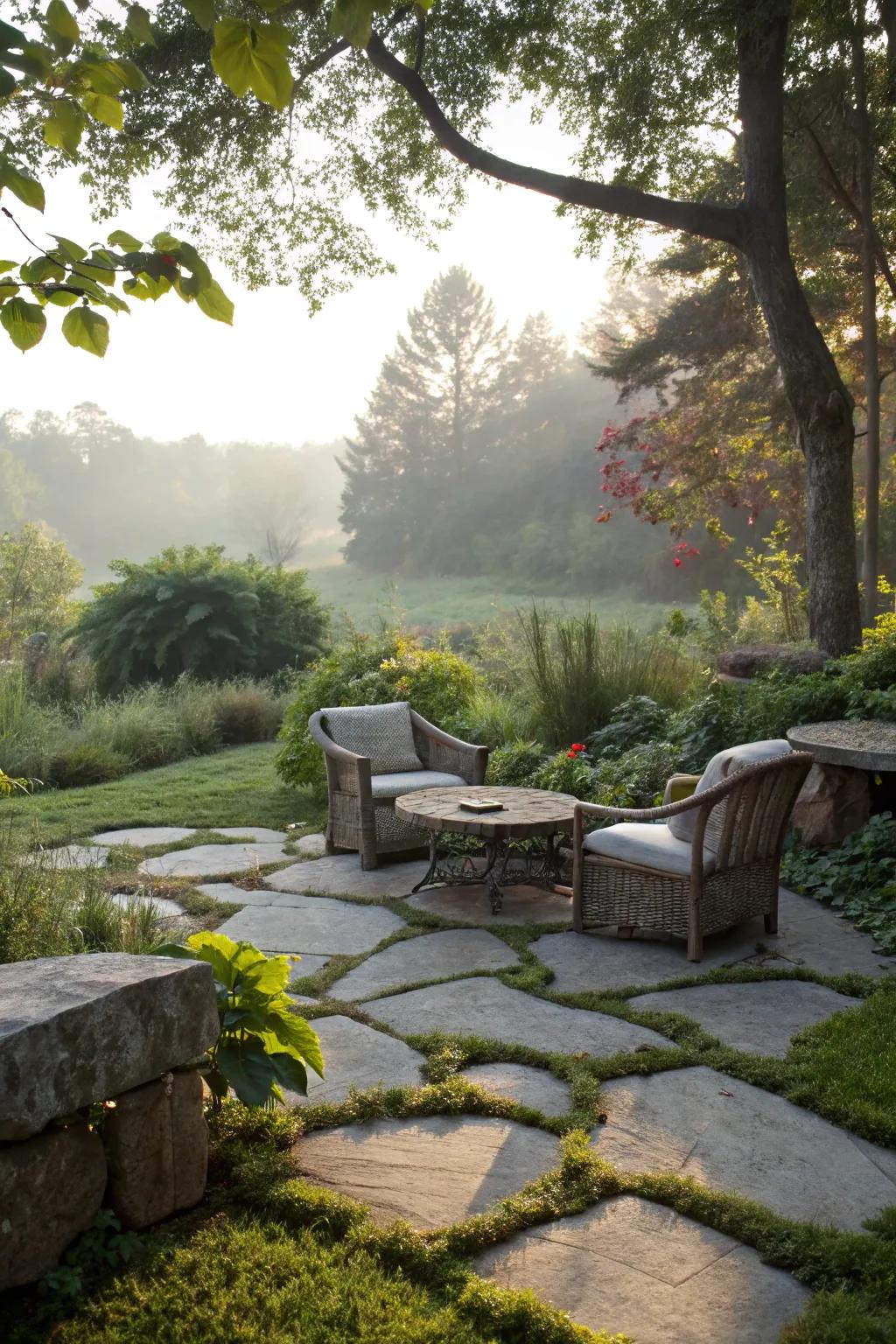 Stone seating zones blend functionality with inherent splendor.