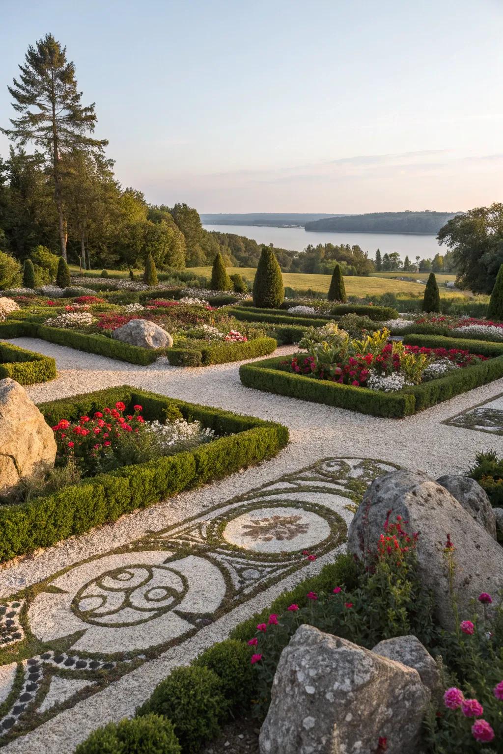 Geometric stone patterns conveying an artistic panache to the garden's aesthetic.