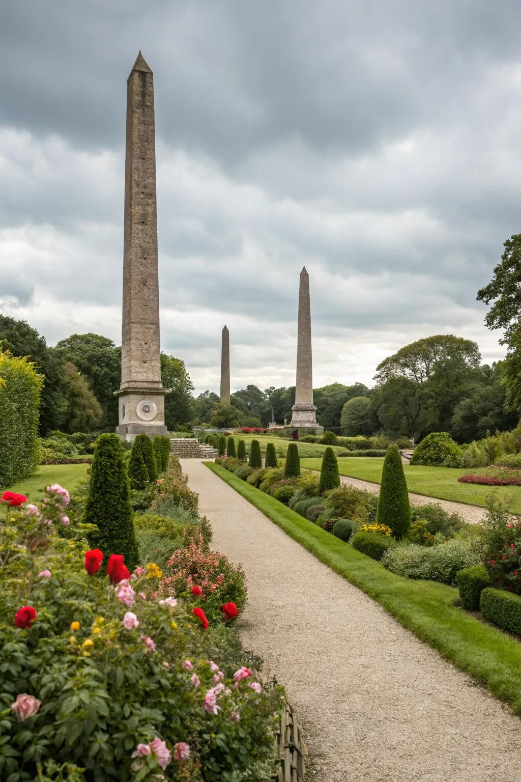 Tall stone pillars functioning as arresting elements in a garden.