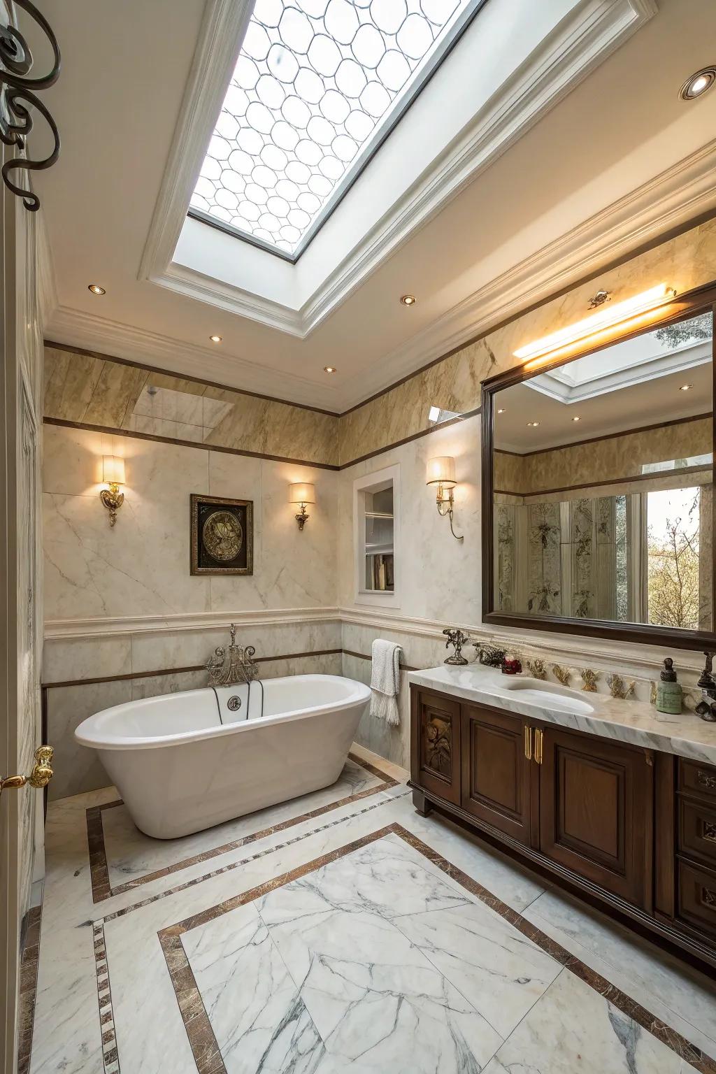 An overhead window introduces natural light and openness to this elegant bathroom.