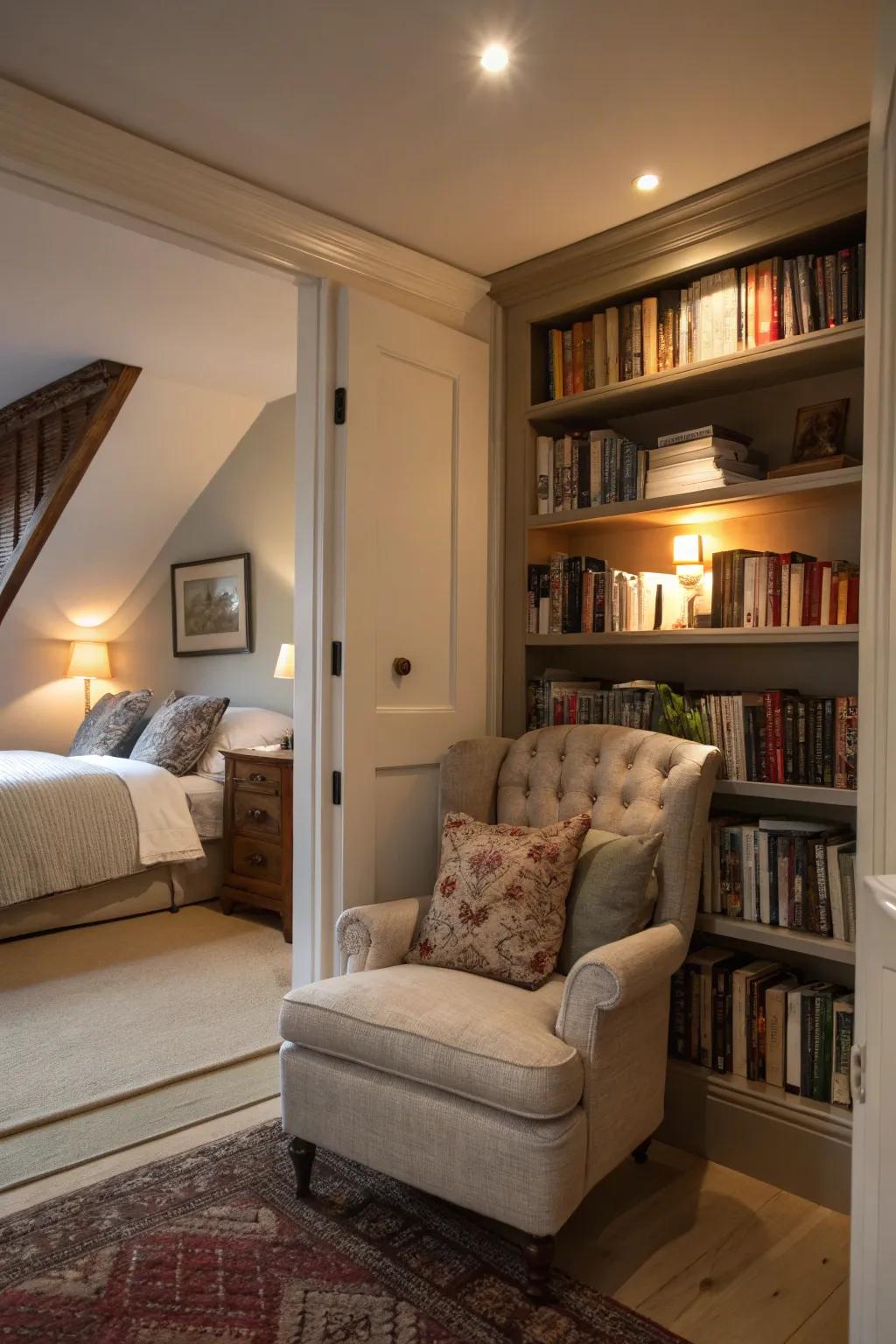 A secluded alcove offers a cozy escape within the bedroom.