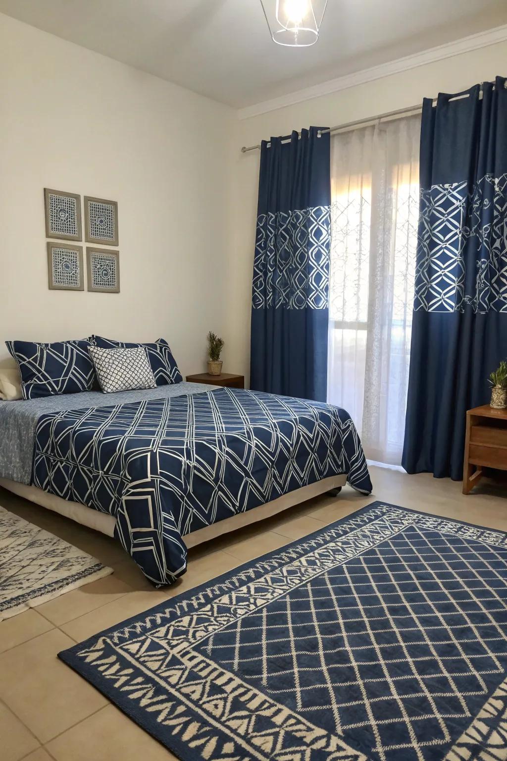 Geometric patterns append a modern sophistication to a snug indigo room.