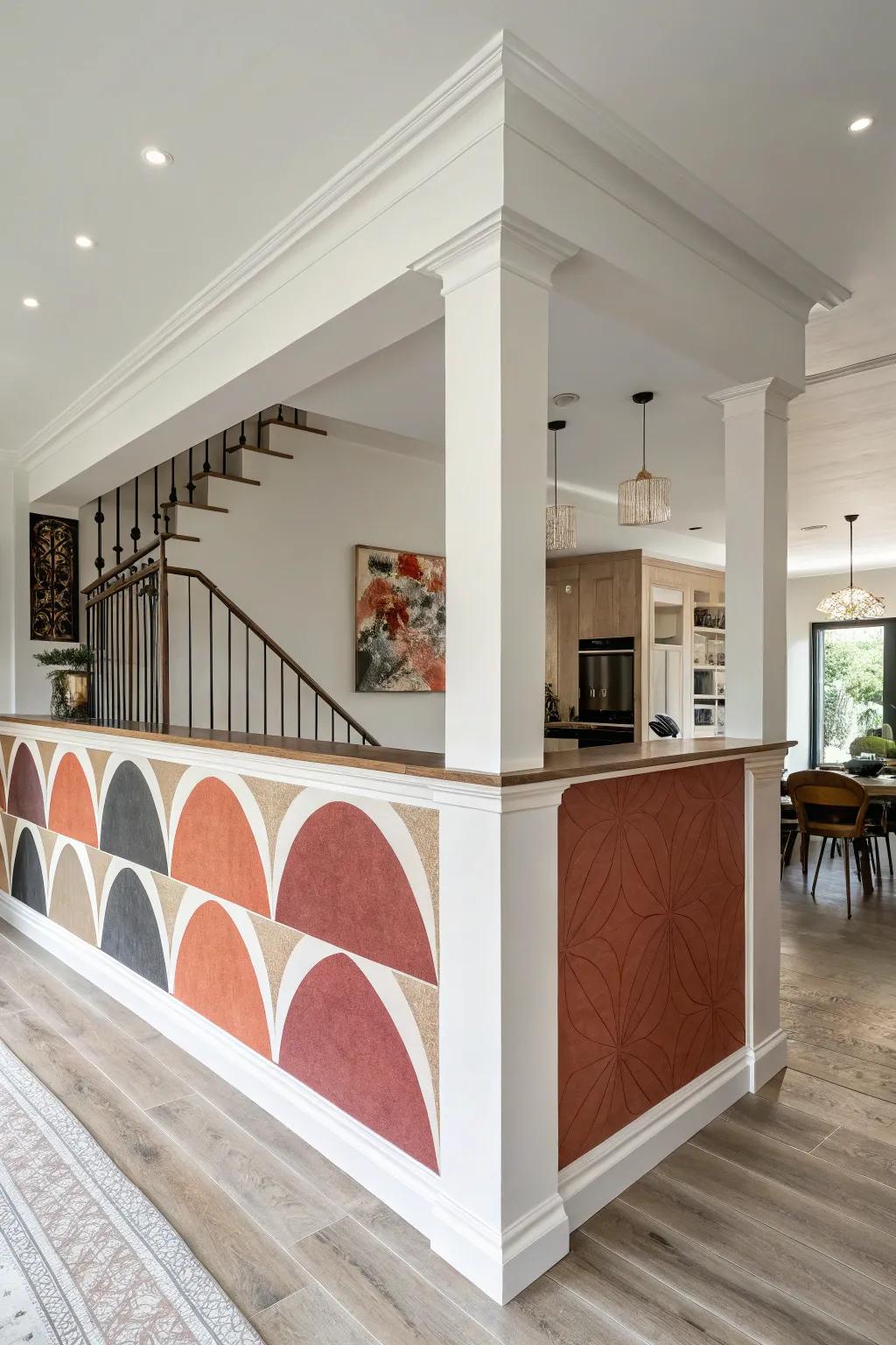 An interior showcasing a partition wall designed with bold, unconventional shapes as a striking focal point.
