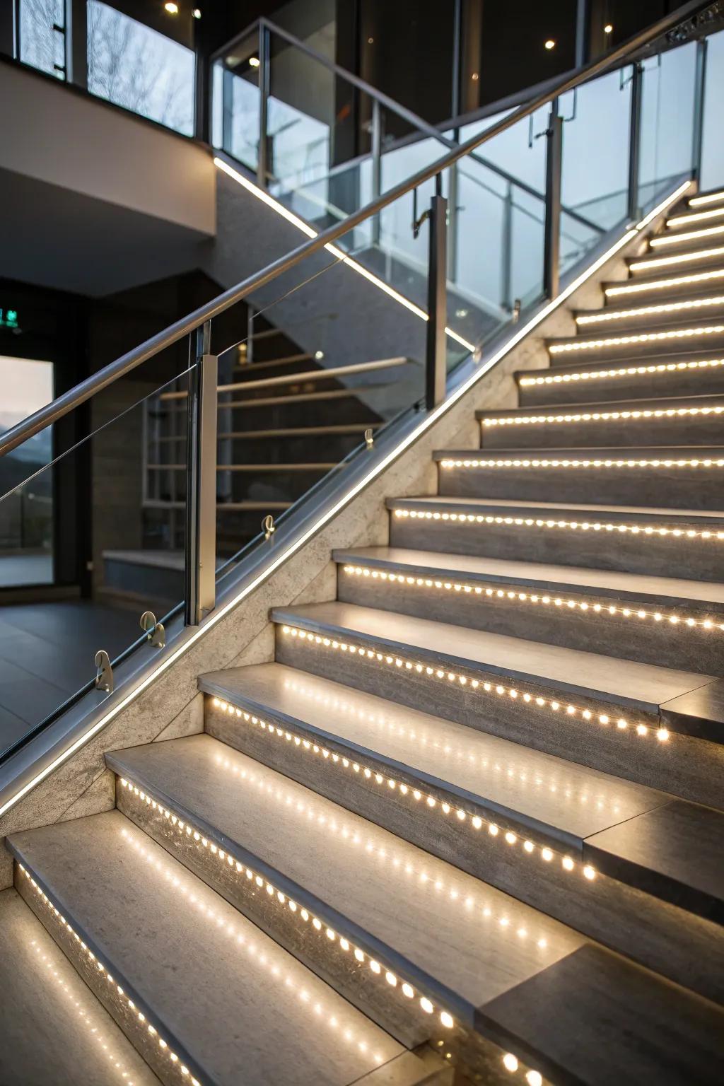 Illuminate your stairs via stylish LED lighting, ensuring each step is both safe and visually appealing.