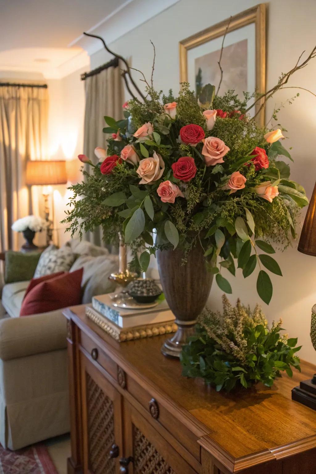 Lush and complete through tiered roses and greenery.