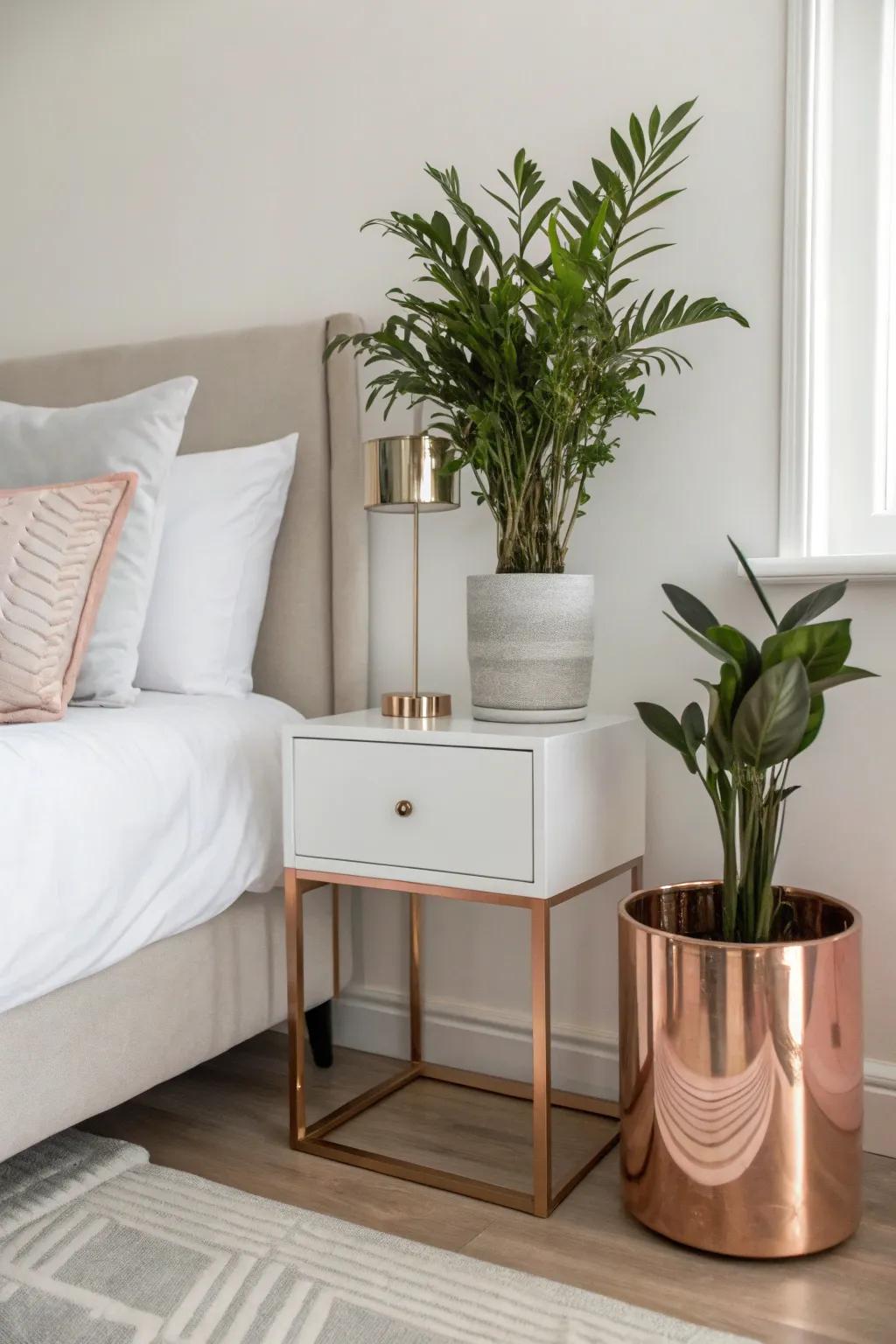 A minimalist touch with a planter kissed by the ethereal glow of rose gold.