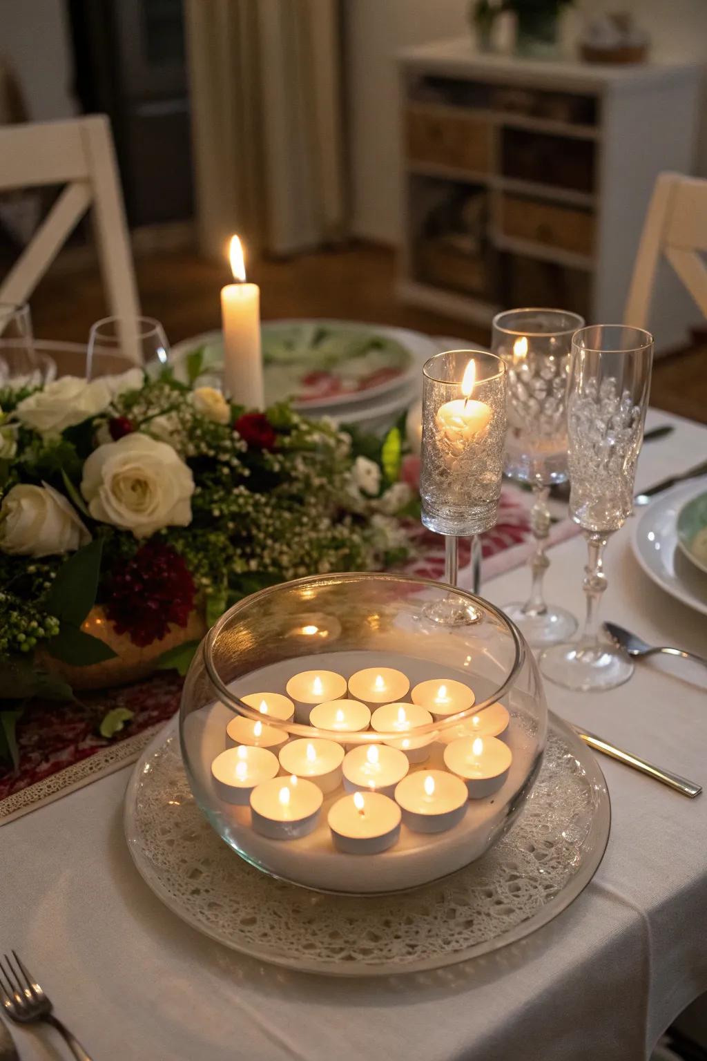 Small lights within a glass vessel fashion a snug and inviting radiance.