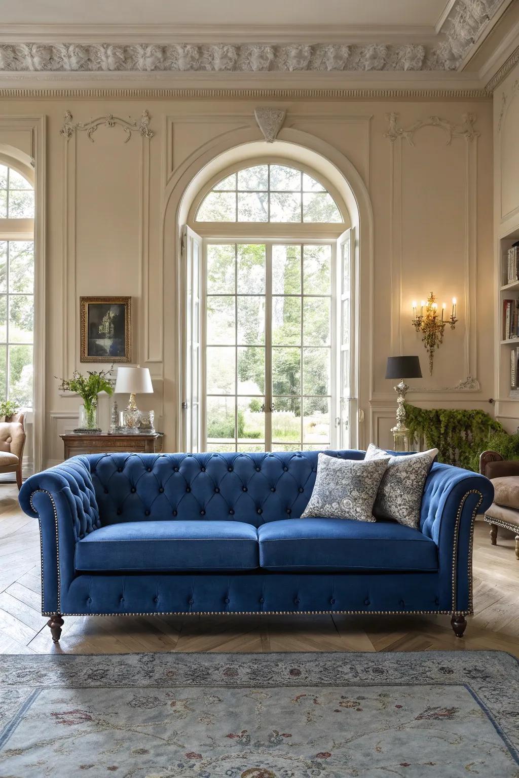The sapphire settee highlights the room's architectural attributes exquisitely.