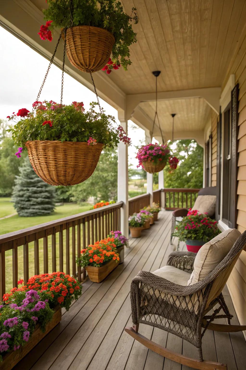 Hanging rattan baskets add elegance and charm to a rustic veranda.
