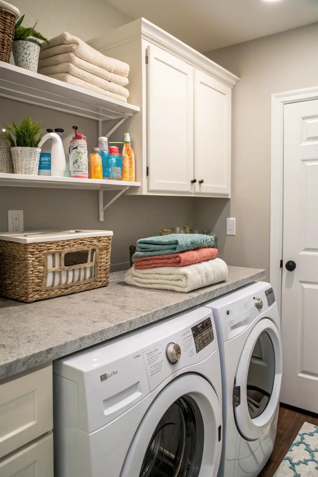 A surface over the washer and dryer adds valuable workspace.